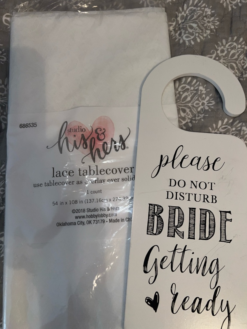 Studio His & Hers White Lace Tablecover with door sign
